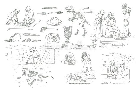 Set of archeology tools and people working on excavation outline sketch style stock illustration Archeology Tools, Fire Emblem Warriors, Anniversary Books, Shadow Dragon, Sketches Of People, Sketch Style, Painting People, Hand Drawing, Styled Stock