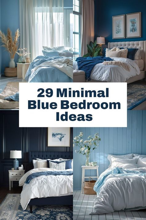 Bedroom Ideas For Blue Walls, Blue Bedroom Rug Ideas, Bluish Gray Bedroom Ideas, Clean Bedroom Aesthetic Blue, Bedroom Inspirations Light Blue Wall, Bold Blue Bedroom, Light Blue Small Bedroom, White Bed Blue Accents, Blue And White Themed Bedroom