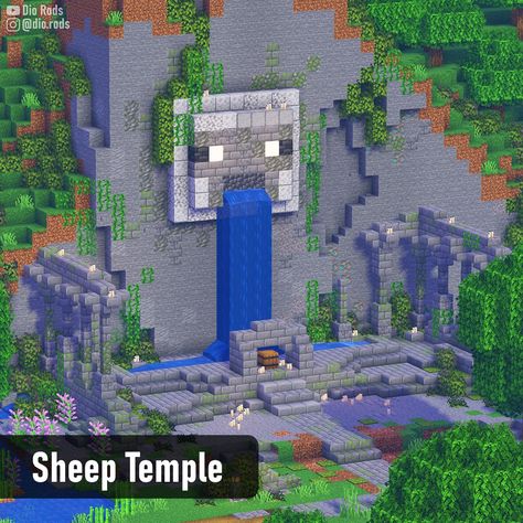 A stone and diorite temple on a side of a mountain with a sheep fountain in the middle if it. Cute Minecraft Sheep Pen, Minecraft Sheep Farm Design, Mob Farm Design, Minecraft Sheep Build, Minecraft Sheep Statue, Sheep House Minecraft, Sheep Enclosure Minecraft, Sheep Barn Minecraft, Minecraft Sheep Pen Ideas