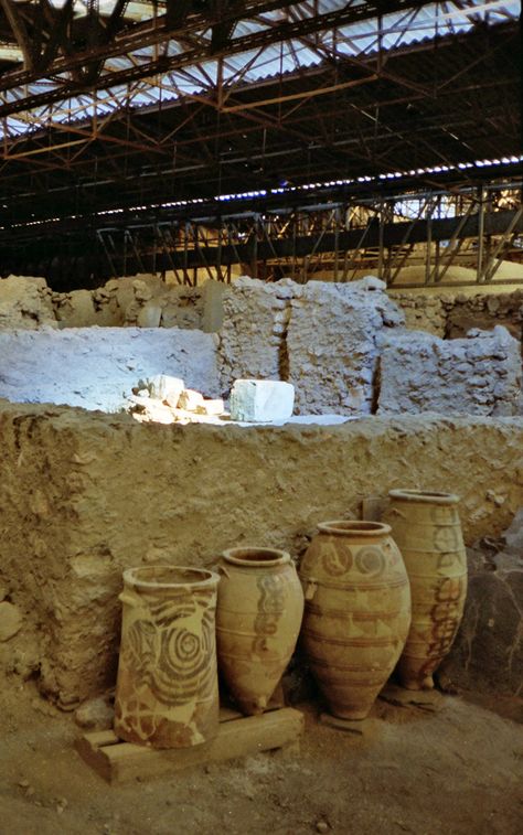 The ruins and archaeological dig site at Akrotiri, an ancient Minoan city on the island of Thera in the Mediterranean Archeology Dig Site, Akrotiri Santorini, Ancient Minoan, Archaeology Dig, Sheboygan Wisconsin, Beautiful Ruins, 2024 Halloween, The Ruins, Santorini Greece