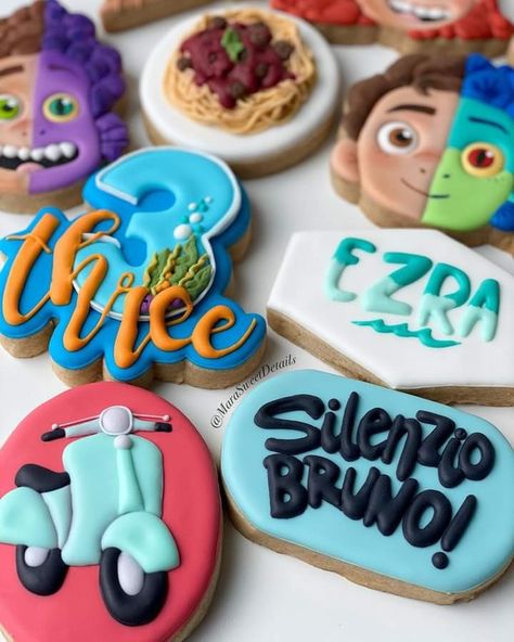 Luca Cookies Decorated, Luca Disney Birthday Party, Disney Luca Birthday Party Ideas, Luca Cookies, Luca Theme Birthday Party, Luca Birthday Party Ideas, Pixar Cake, Pixar Birthday, Luca Party