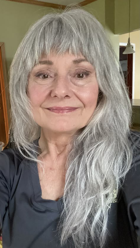 Long Silver Hair With Bangs, Long Grey Hair Older Women, Long Grey Hair With Bangs, Long Gray Hair With Bangs, Long Grey Hair, Haircut Gray Hair, Grey Hair With Bangs, Best Haircuts For Women, Long Silver Hair