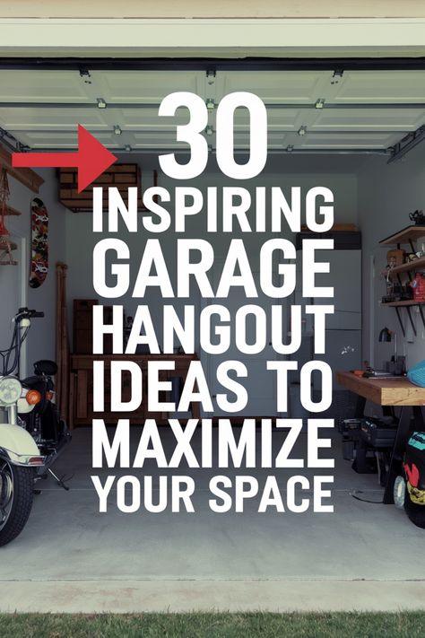 Garage turned into a recreational space with skateboard, motorcycle, and workbench. Garage Layout Ideas, Garage Hangout Ideas, Cozy Garage, Garage Hangout, Hobby Garage, Garage Playroom, Hangout Ideas, Finished Garage, Hangout Spot