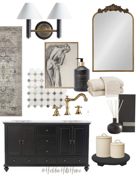 Primary Bathroom Black Vanity, Moody Bathroom Mood Board, Black Grey And Cream Bathroom, Black Beige And Gold Bathroom, Black Tile Bathroom Decor, Guest Bathroom Ideas Black Vanity, Bathroom Design Black Vanity, Moody White Bathroom, Moody Taupe Bathroom