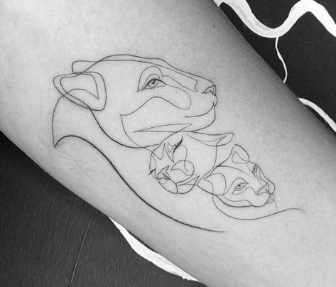 Mother Daughter Tattoos Lion, Lioness And Two Cubs Tattoo, Simple Lioness Tattoo For Women, Fine Line Elephant Family Tattoo, Lioness Line Tattoo, Mother Lion Tattoo, 2 Sons Tattoo For Mom, Lioness And Cubs Tattoo Mothers, Lioness And Cub Tattoo