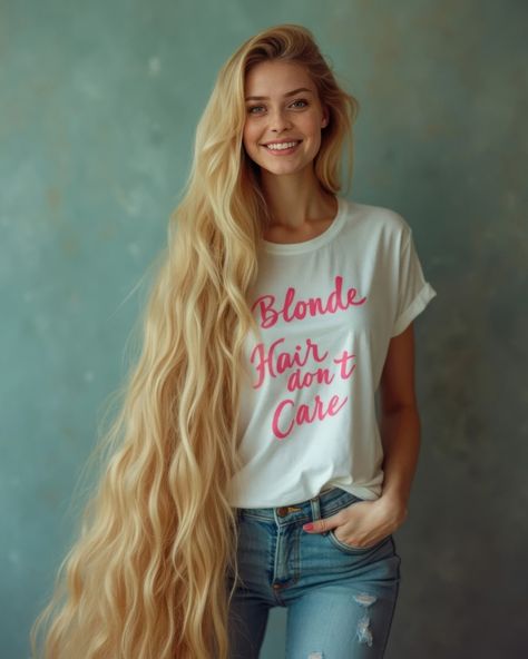 A photo of Jaimie Good Starcourt Mall, I Care A Lot, Smile Portrait, My Reflection, Long Blond, Fashion Tshirt, Portrait Photoshoot, Super Long Hair, Artist Models