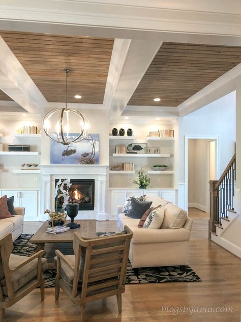 Wood Panel Ceiling With Beams, Family Room Ceiling Ideas, Modern Farmhouse Blue, Ceiling Ideas Living Room, Luxury Modern Farmhouse, Pop False Ceiling, Beams Living Room, Farmhouse Blue, Ceiling Options