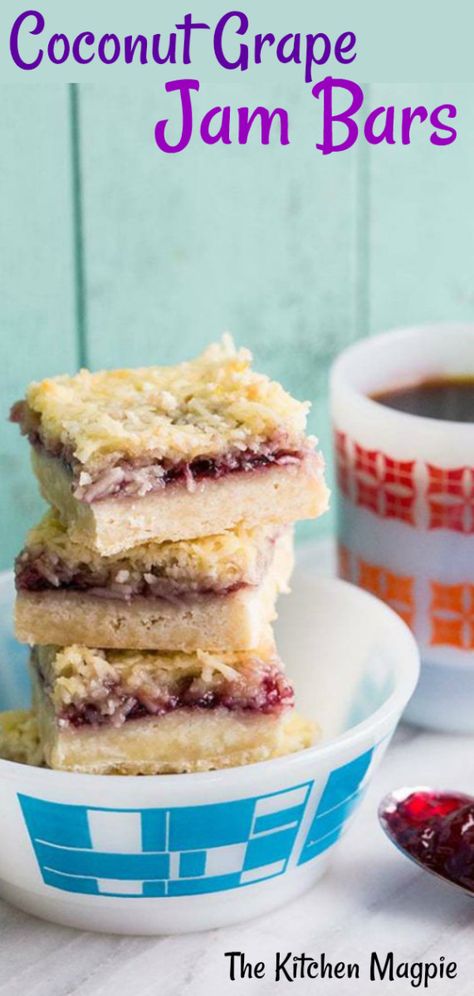 Coconut Grape Jam Bars Raspberry Coconut Bars, Grape Jam Recipe, Grape Dessert, Pineapple Jelly, Jam Bars, Bread Bar, Coconut Jelly, Jelly Desserts, Grape Jam