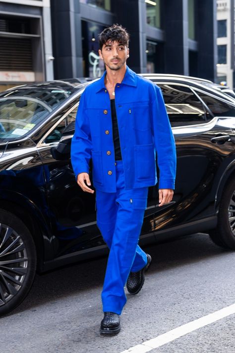 Blue Outfit Men, Girl Breakfast, Taylor Zakhar Perez, Royal Blue Outfits, Prada Menswear, Red White Royal Blue, Midnight Snack, Dinner Dessert, Gay Fashion