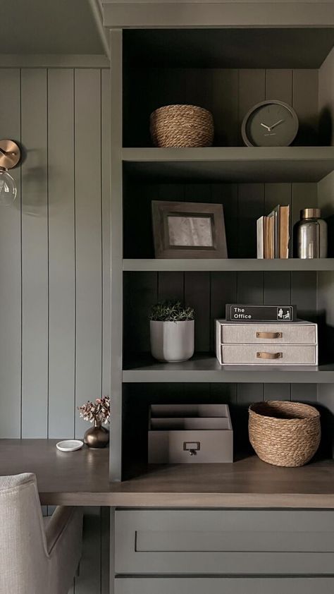 Half Bathroom Makeover with Vertical Shiplap Wall - Come Stay Awhile by Amanda Vernaci | Modern Farmhouse DIY + Home Renovation Half Bathroom Makeover, Built In Desk And Shelves, Cozy Office Space, Diy Sideboard, Office Built Ins, Fireplace Frame, Modern Farmhouse Diy, Support Beams, Office Remodel