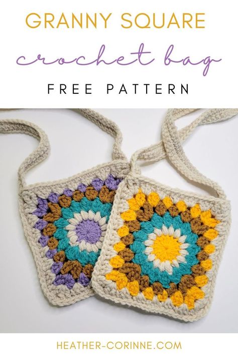 The Crochet Granny Square Bag is a free pattern here on my blog! This quick pattern uses a 'starburst' granny square to create a handmade, boho purse. Below you'll find the free pattern. Square Purses Handbags, Crochet Hippy Bag Pattern, Crochet Square Purse Pattern, Cool Granny Squares Handbags, Sunflower Granny Square Bag Pattern Free, Crochet Bags Purses Granny Squares, Crochet Crossbody Bag Granny Square, Granny Square Sling Bag Pattern, Crochet Mandala Bag Free Pattern