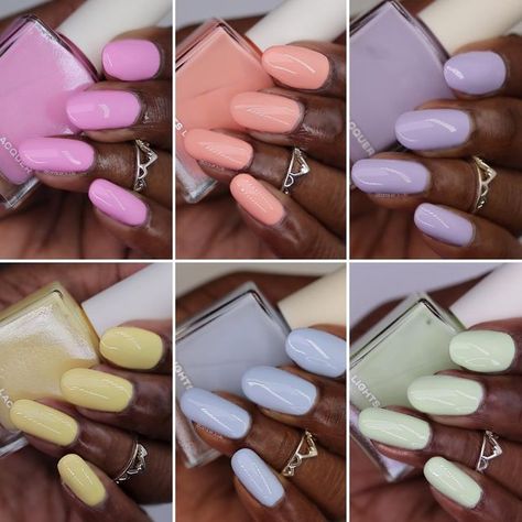 Valerie on Instagram: "*PR Gifted* @lightslacquer “Kat’s Diner” This Collection is a 50’s diner inspired pastel dream 🕺🏽 Use discount Code: VAL10 at checkout. LightsLacquer.com ‘52 Chevy - Pastel key lime pie green Frenchy - Soft peony pink Banana Split - Light banana yellow Juke Box Baby - Pastel periwinkle purple Easy As Pie - Pastel blueberry Order Up! - Pastel papaya orange #lightslacquer #kathleenlights #newnails #nailpolish #nails #wocnails #wocnailswatches #beautyblogger #nailblogger # Light Purple And Yellow Nails, Light Yellow Nails Pastel, Pale Yellow Almond Nails, Light Pastel Nails, Banana Yellow Nails, Baby Yellow Nails, Pastel Orange Nails, Solid Color Nail Ideas, Spring Nails Pastel