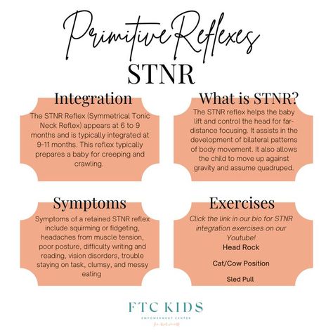 Does your child show any of the symptoms listed above? He or she may have a retained STNR Reflex 👶🏻 Book your screening today at www.ftckids.com and click the link in our bio for STNR integration exercises on our YouTube!⭐️ Primitive Reflexes, Body Movement, He Or She, Kids Fun, Headache, Cool Kids, On Instagram, Instagram