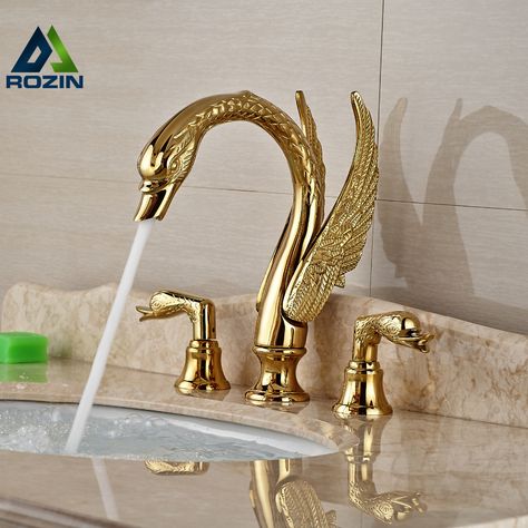 Bathroom Sink Faucets Waterfall, Egyptian Home Decor, Gold Bathroom Faucet, Royal Bathroom, Bathroom Basin Taps, Gold Bad, Gold Faucet, Gold Swan, Finished Bathrooms