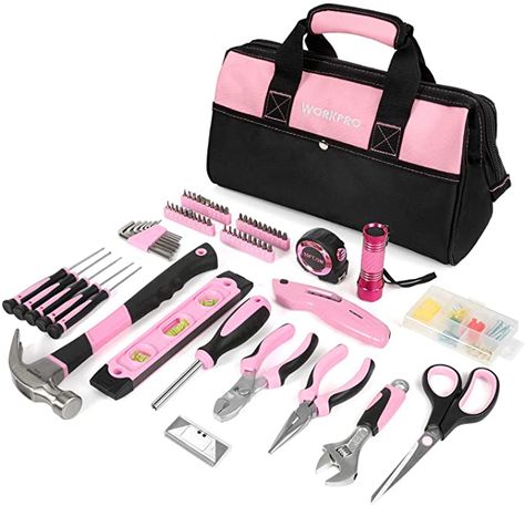 WORKPRO 106-Piece Home Tool Kit, Pink Ladies Tool Kit with Tool Storage Bag - Durable, Long Lasting Chrome Finish Tools - Perfect for DIY, Home Repair : Amazon.co.uk: DIY & Tools Pink Tool Set, Basic Tool Kit, Pink Tools, Pink Gift Box, Hand Tool Set, Hand Tool Sets, Drill Set, Household Tools, Tool Gifts