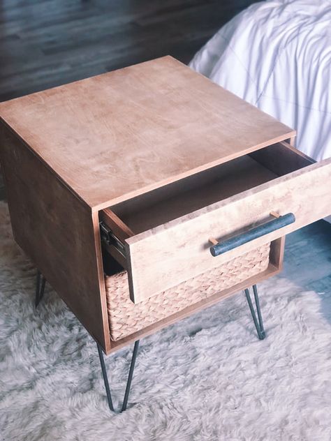 Diy Side Table With Drawer, Build A Nightstand, Diy Nightstand With Drawer, Modern Side Table Bedroom, Virginia Apartment, Nightstand Diy, Small Entryway Table, Diy Mid Century Modern, Mid Century Modern Side Table