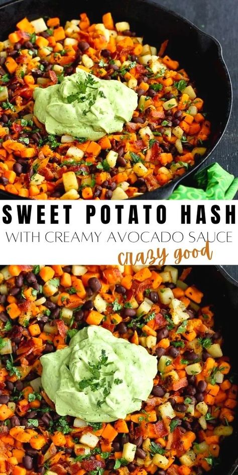 Autoimmune Breakfast, Easy Skillet Recipes, Sweet Potato Hash Recipe, Potato Hash Recipe, Creamy Avocado Sauce, Hash Recipe, Sweet Potato Black Beans, Easy Skillet, Skillet Recipes