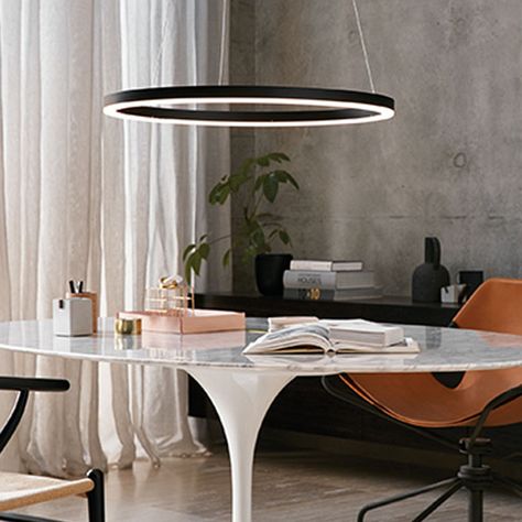 The Beacon Lighting LEDlux Circa Ring 600mm 1600 lumen dimmable LED pendant in black. Kitchen Island Led Pendant, Tech Lighting Pendant, Beacon Lighting Pendants, Black Pendant Lights, Circle Pendant Light, Pendant Lighting Australia, Dining Pendant, Industrial Style Lamps, Led Linear Suspension Light