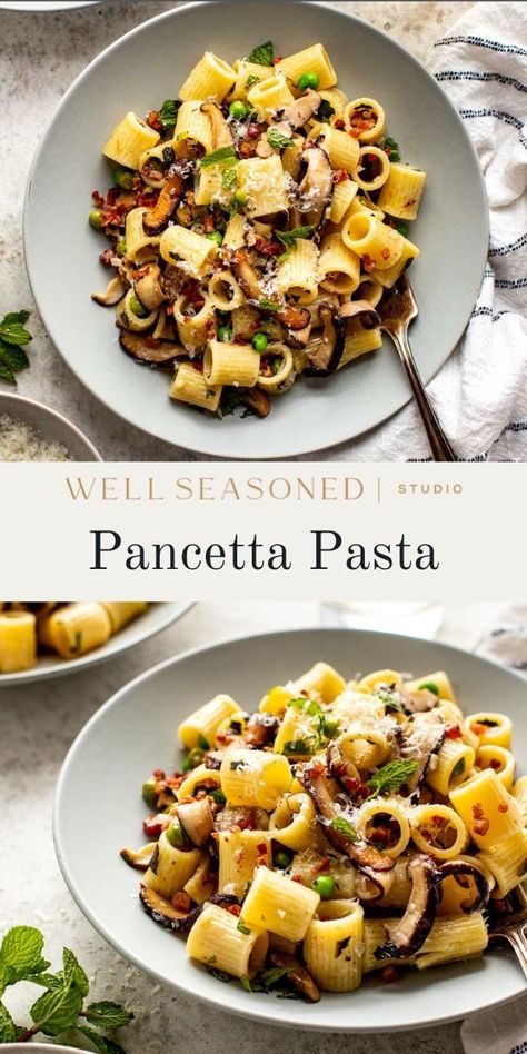 This weeknight Pancetta Pasta delivers big flavor with a fresh taste that is perfect for spring. It features lots of fresh mint, English peas if you can find them (though frozen is fine too!), and shiitake mushrooms. Ready in less than 30 minutes, this will become a weeknight staple! #wellseasonedstudio #springpasta #pancetta #pancettapasta #pancettapeasmint Panchetta Recipes Pasta, Recipes With Pancetta, Mint Peas, Panchetta Recipes, Courtney Williams, Community Dinner, Spring Pasta Recipes, Grain Dishes, Pancetta Recipes