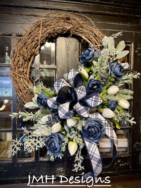 Navy Blue Wreaths For Front Door, Blue Wreaths, Navy Wreath, Blue Floral Wreath, Floral Vase Arrangements, Blue Hydrangea Wreath, Beautiful Door Wreaths, White Christmas Wreath, Summer Mesh Wreaths