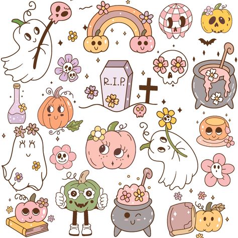 Halloween Ephemera Free Printables, Halloween Wall Collage, Fall Clipart Autumn Clip Art, Retro Halloween Aesthetic, Cute Halloween Doodles, Retro Drawings, Cute Halloween Clipart, Halloween Pumpkin Crafts, Halloween Clip Art