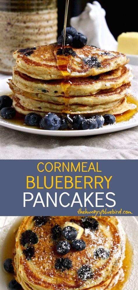 Cornmeal Blueberry Pancakes, weekend worthy pancakes with cornmeal-buttermilk batter and blueberries. #cornmealpancakes #blueberrypancakes #cornmealblueberrypancakes #pancakes #breakfast #brunch | thehungrybluebird.com Blueberry Cornmeal Pancakes, Cornmeal Pancakes, Corn Pancakes, Blueberry Pancakes Recipe, Pancakes Breakfast, Break Fast, Corn Cakes, Blueberry Pancakes, Buttermilk Pancakes