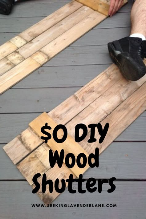 Dyi Shutters Exterior, Simple Shutters Diy, Instead Of Shutters Exterior, Rustic Window Shutters Exterior, Long Shutters Exterior, Green House Wooden Shutters, Homemade Shutters For Windows, Diy Window Shutters Exterior Ideas, Shutters Made From Pallets