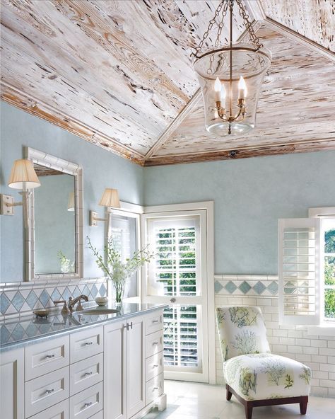 A lovely combination of limed pecky cypress ceilings with pale blue in a #PalmBeach master bath #LuxeMiami Jan/Feb Interiors:… Pale Blue Walls, Coastal Bathrooms, Style Cottage, Coastal Bedrooms, Beach House Interior, Beach Cottage Style, Luxe Interiors, Poster Designs, Design Del Prodotto