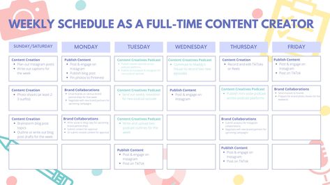 My Weekly Schedule as a Full-Time Content Creator - Emma's Edition Weekly Social Media Schedule, Instagram Reel Schedule, Influencer Weekly Schedule, Weekly Instagram Schedule, Youtube Schedule Ideas, Weekly Content Schedule, Weekly Blogging Schedule, Social Media Content Calendar 2023, Weekly Content Ideas