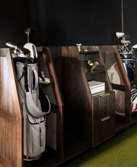 racks on racks! Who else is excited for the LIV event?🏌🏼 Interior Designer // @garrow_interiors #mancave #golf #rack #golfrack #ClientStories #GarrowInteriors #interiordesign #nashvilleinteriordesign #nashvillehomes #golflife #trackman #trackmandesign Golf Club Rack Storage, Golf Set Up, Golf Storage In Garage, Golf Simulator Room Design, Golf Club Storage, Golf Display, Cottage Basement, Golf Club Crafts, Golf Man Cave