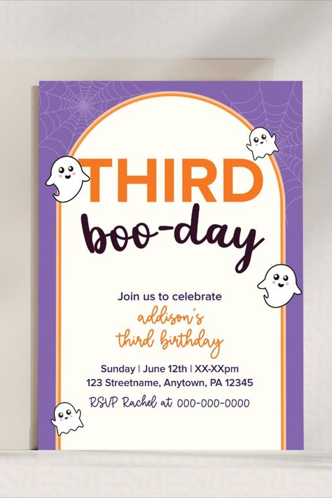 halloween third birthday party invite with cute ghost theme | editable digital download 3rd Birthday Halloween Theme, 3rd Birthday Party Themes Girl, 3rd Girl Birthday Party Themes, Girls Third Birthday Party Ideas, Third Birthday Theme Girl, Third Birthday Party Ideas, Birthday Ghost, Ghost Halloween Party, Ghost Theme