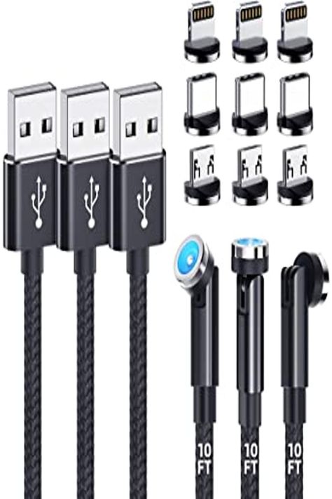 Magnetic Charging Cable [3-Pack,10FT/10FT/10FT] 540 Rotating Magnetic Phone Charger 3-in-1 Magnetic USB Cable with LED Light Nylon Braided Magnetic Charger for iPhone/Micro USB/Type C Device-Black Magnetic Charger Cable, Magnetic Charging Cable, Led Light Design, Magnetic Charger, Phone Charging, Phone Charger, Android Auto, Smart Device, 3 In 1