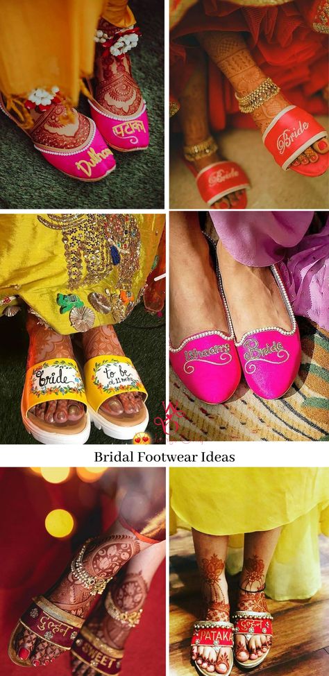 Trending, quirky and comfortable footwear ideas for the brides! Rock your wedding look in these amazing footwear. Sneakers | Juttis | Flats | Boots | Ballerinas  Brides are not afraid to go all out quirky, and we love it! Here are some brides who took things up a notch with their bridal looks.  #bridalfootwearidian #bridalfootwearindianheels #bridalfootwearindianflats #bridalfootwearindianwedges #bridalfootwearindianshoes #bridalfootwearindianbrides #weddingfootwear #weddingfootwearindian #shoes Footwear For Bride Indian, Wedding Footwear For Bride Indian, Haldi Footwear For Bride, Bride Footwear Indian, Bridal Footwear Indian Wedding Shoes, Bridal Footwear Indian, Bride Footwear, Footwear Ideas, Indian Sandals