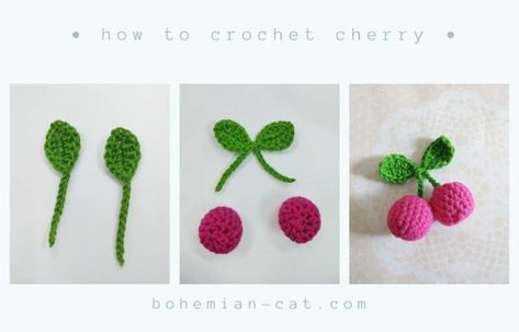 Crochet Cherry | Amigurumi Free Pattern | Bohemian Cat Crochet Cherry Earrings Free Pattern, Crochet Cherry Pattern, Cherry Amigurumi, Crochet Cherry Keychain, Crochet Cherries, Crocheted Food, Cherry Crochet, Mario Crochet, Crochet Keyring