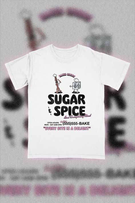 Buy this graphic t inspired by a merch design for a local bakery shop at the link below. Check out other designs from Big Al's Designs house too! Bakery Merch, Big Al, Local Bakery, Merch Design, Bakery Shop, Sugar And Spice, Valencia, Vintage Inspired, Graphic Tees