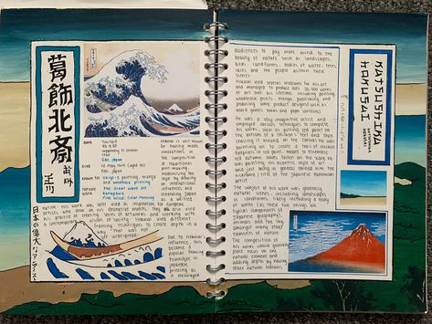 Double Page Artist Research, Hokusai Sketchbook, Art Gcse Layout, Gcse Ceramics, Katsushika Hokusai Art, Gcse Sketchbook, Artist Research Page, Hokusai Art, Aesthetic Sketchbook