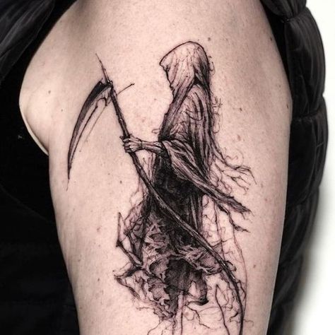 Grim Reaper Face Tattoo, Grim Reaper Forearm Tattoo Men, Dark Art Tattoos, Feminine Grim Reaper Tattoo, Reaper Scythe Tattoo, Book Thief Tattoo, Decide Tattoo, Grim Reaper Tattoo Stencil, Female Grim Reaper Tattoo