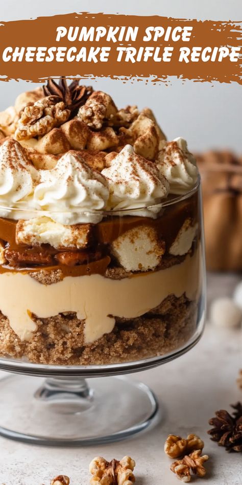 Indulge in the ultimate fall dessert with this Pumpkin Spice Cheesecake Trifle! Layers of creamy pumpkin cheesecake, fluffy whipped cream, and spiced graham cracker crumbs create a delightful treat that’s perfect for gatherings or cozy nights in. This no-bake recipe is easy to assemble and sure to impress your guests. Whether you’re celebrating the season or simply craving something sweet, this trifle is a must-try! Discover the joy of autumn flavors in every delicious bite. Pumpkin Trifle Desserts Thanksgiving, Pumpkin Trifle Desserts, Thanksgiving Trifle Desserts, Fall Trifle, Iron Chef Recipes, Pumpkin Trifle, Spice Cheesecake, Trifle Recipes, Pumpkin Spice Cheesecake