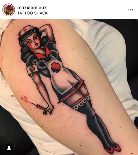 Nurse Pinup Tattoo, Nurse Pin Up Tattoo, Nursing Tattoo, Pin Up Nurse, Pin Up Girl Tattoo, Nurse Tattoo, Traditional Style Tattoo, Nursing Pins, Anchor Tattoos