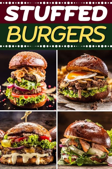 These legendary stuffed burgers are here to take your BBQ game to the next level. They're thick, juicy, and literally bursting with incredible flavors. Stuffed Burgers Recipes, Stuffed Burger Recipes, Burger Sliders Recipes, Gourmet Burgers Recipes, Hamburger Meals, Beef Ideas, Burgers Recipes, Sliders Recipes, Stuffed Burger