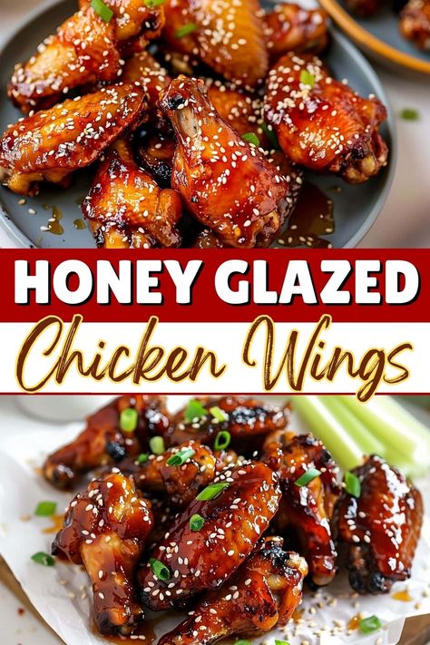 These honey glazed chicken wings are the perfect appetizer or main dish. Coated in a sticky, sweet and savory honey-soy glaze, they're finger-lickin' good! Spicy Glazed Chicken, Honey Glazed Chicken Wings, Chicken Wing Marinade, Chicken Wing Recipe, Soy Glaze, Glazed Chicken Wings, Wings Recipes, Asian Appetizers, Wing Recipe