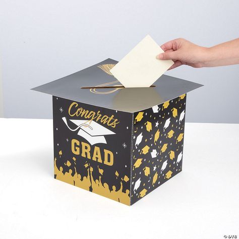 Add this clever card box to your graduation party supplies must-haves! Both functional and decorative, this card box gives graduation party guests a secure ... Graduation Party Card Box Ideas, Grad Party Card Box Ideas, Graduating Elementary School, Card Box Graduation, Graduation Cap Card, Party Card Box, Graduation Card Box, Gold Card Box, Grad Decor