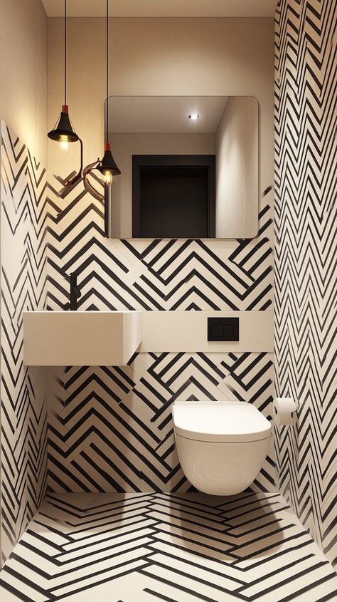 Modern bathroom with herringbone tiles, chevron patterns, open toilet design, elegant sink, and contemporary mirror. Small Bathroom Solutions, Herringbone Tiles, Small Downstairs Toilet, City Bathrooms, Modern Bathroom Designs, Rustic Comforter, Freestanding Tubs, Bathroom Retreat, Bathroom Inspiration Modern