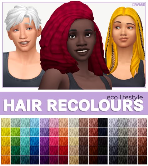 Eco Lifestyle Hair Recolours | WildlyMiniatureSandwich on Patreon Hair Color Swatches, Mod Hair, Eco Lifestyle, Sims 4 Mm Cc, Sims 4 Cc Makeup, Sims 4 Mm, Sims Hair, Sims 4 Cas, Pastel Hair