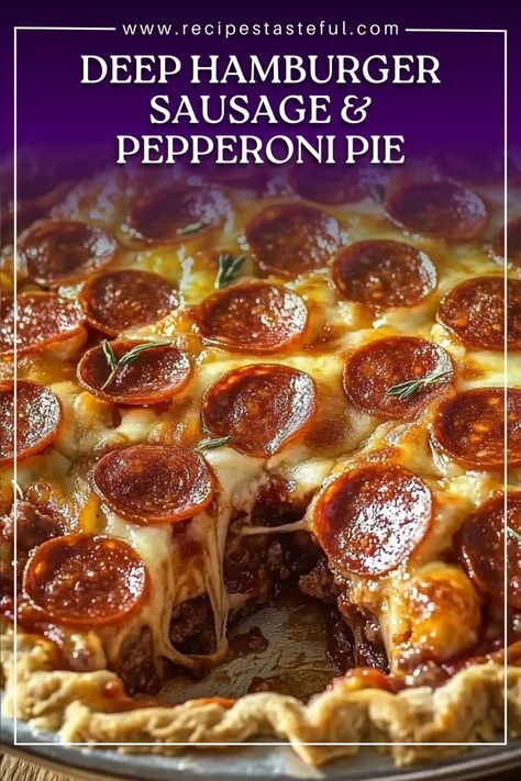 This Deep Hamburger Sausage & Pepperoni Pie is every pizza lover’s dream! A hearty, savory pie stuffed with ground beef, Italian sausage, pepperoni, and gooey cheese, all topped with a buttery, golden crust. Whether you’re hosting a pizza night or just craving something indulgent, this deep-dish pie is sure to impress. It combines all your favorite pizza toppings in a deliciously satisfying way Deep Dish Hamburger Sausage Pepperoni Pizza, Hamburger Sausage Pepperoni Pie, Yummy Meals With Ground Beef, Deep Dish Hamburger Sausage And Pepperoni Pie, Memphis Mafia Pie, Italian Sausage Pizza Recipes, Deep Dish Pizza Pie, Recipes With Pie Crust Dinner, Pizza Pie Deep Dish