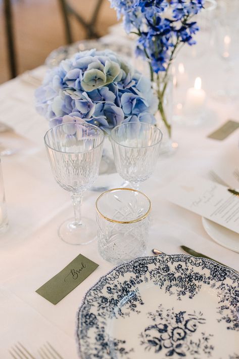 white and blue flowers, white linen and glasware with gold edges White And Blue Flowers, White Linen, Blue Flowers, Flowers, Gold