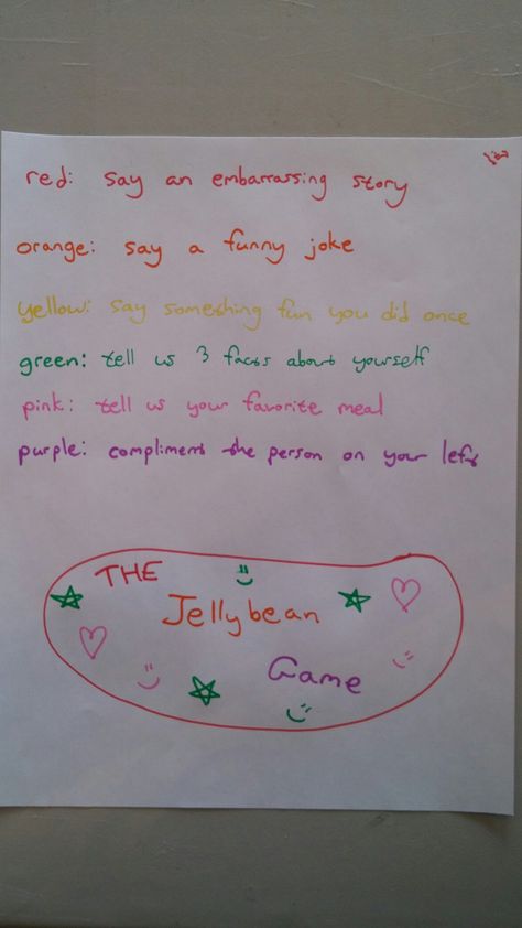 The Jellybean Game: pass around a bowl of colored jellybeans, each child has to close their eyes and pick a jellybean and fulfill the prompt as shown Color Games, Jelly Bean, Game Pass, Game Ideas, Jelly Beans, A Bowl, Jelly, Bowl, Purple