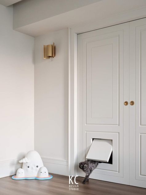 Wood Cat Door, Cat Door In Door, Cat Door Ideas, Indoor Cat Door, Cat Door Wall, Cat Wardrobe, Interior Cat Door, Kitty Door, Cat House Diy