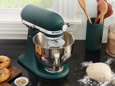 Bagel dough on a countertop next to a blue-green KitchenAid® stand mixer Green Kitchenaid Mixer, Green Kitchenaid, Kylie Aesthetic, Pilgrim House, Kitchenaid Refrigerator, Countertop Oven, Homemade Bagels, Countertop Appliances, Kitchenaid Stand Mixer