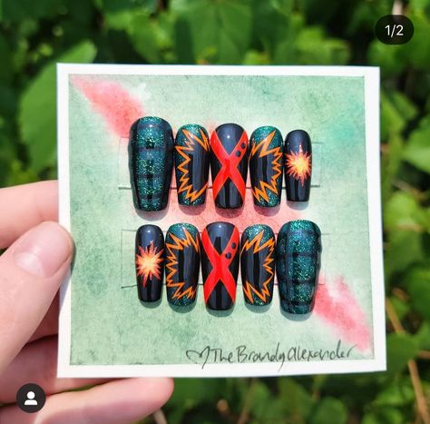 Mha Nails Bakugo, Dabi Inspired Nails, Mha Nail Ideas, Hawks Nails Mha, Bakugo Nails Design, My Hero Nails, Bakudeku Nails, Bakugo Inspired Nails, Mha Nail Art